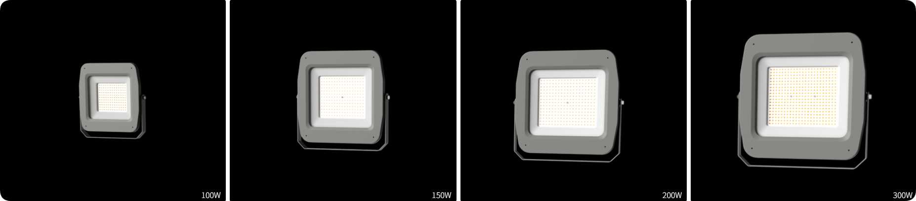 Four scalable sizes covering 100W 150W 200W and 300W DOB LED floodlight series