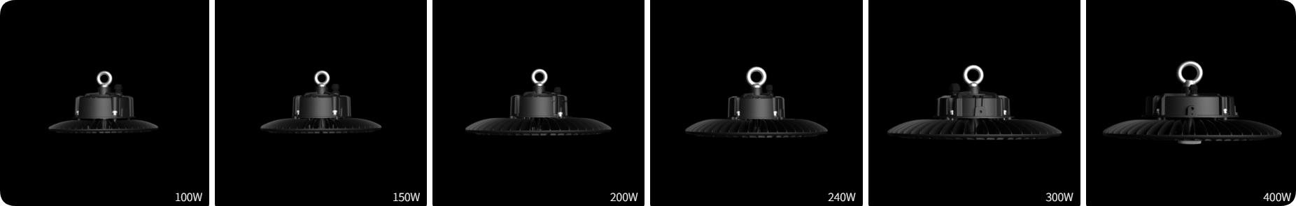 Six scalable housing sizes covering 100W 150W 200W 240W 300W and 400W UFO high bay series