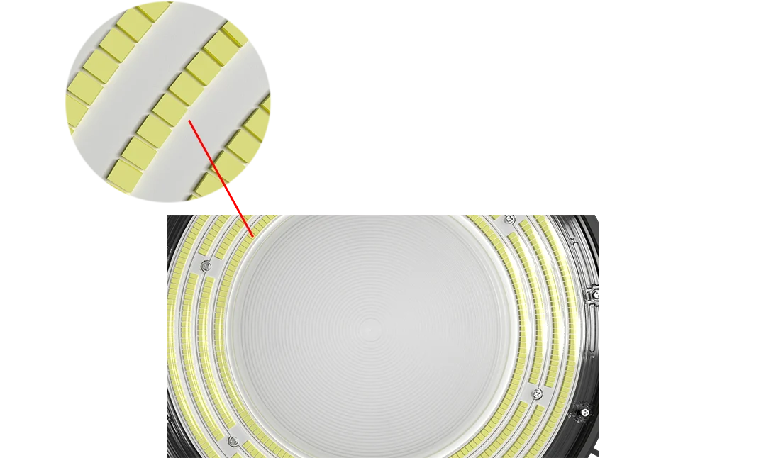 Driver-on-Board concentric ring SMD LED matrix with frosted center diffuser delivering 120 lm per watt