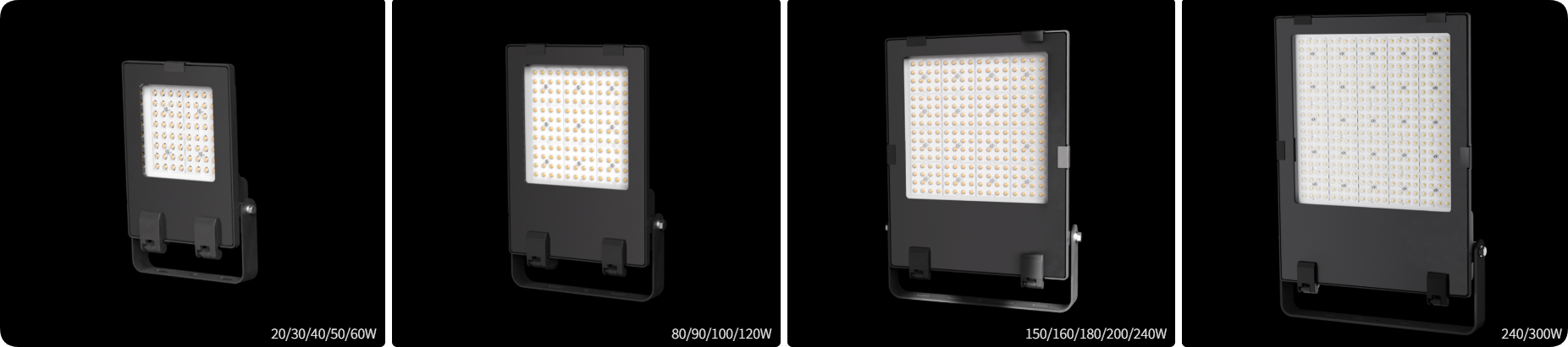 Four scalable die cast housing sizes covering 20W to 300W ultra-slim LED floodlight series