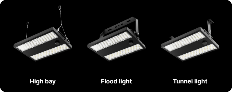 3-in-1 versatile mounting options for suspended high bay, bracket flood light and ceiling tunnel light