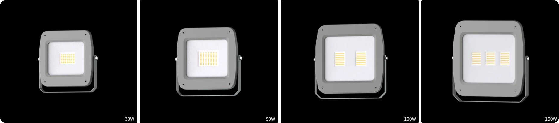 Four scalable sizes covering 30W 50W 100W and 150W DOB LED floodlight series