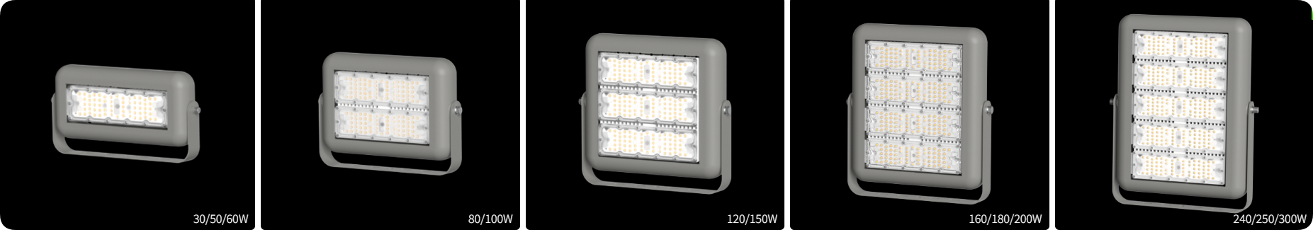 Five scalable die cast housing sizes covering 30W to 300W curved modular floodlight series