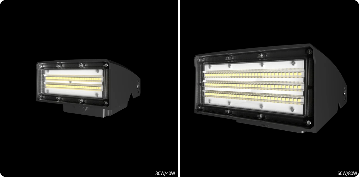 Two scalable housing sizes covering 30W 40W 50W 60W and 80W adjustable wall pack series