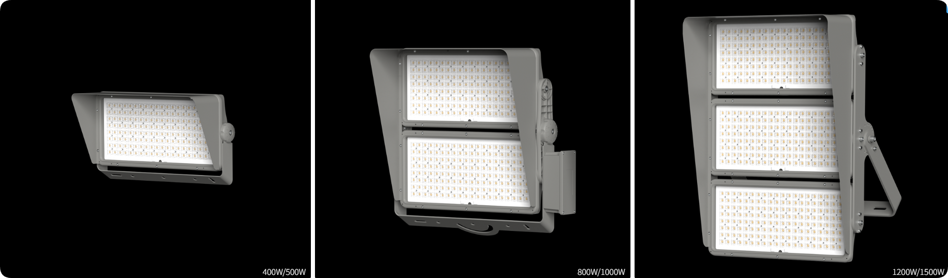 Three scalable die cast housing sizes covering 400W to 1500W visor modular LED stadium light series