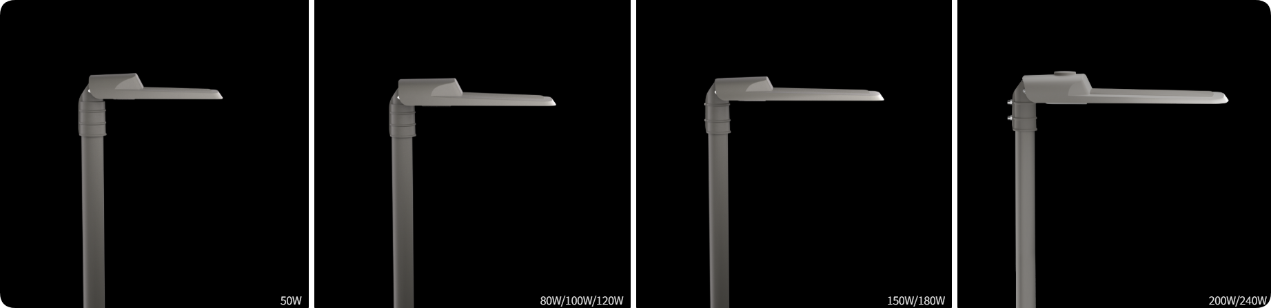 Four die cast aluminum housing sizes covering 50W to 240W commercial LED street light series