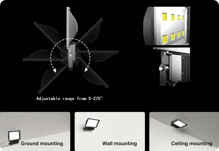 0 to 270 degree adjustable mounting bracket and multi-surface installation modes on stadium light
