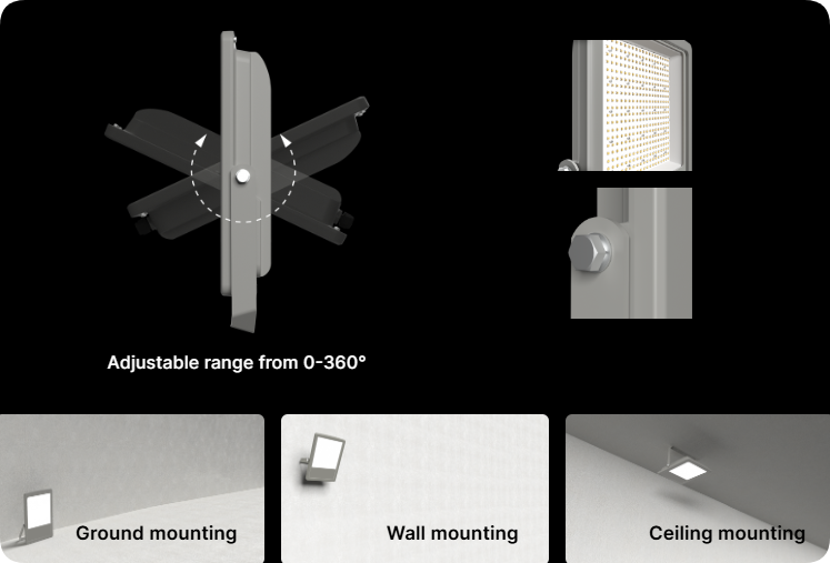 0 to 360 degree adjustable mounting bracket, locking bolt, and multi-surface installation modes