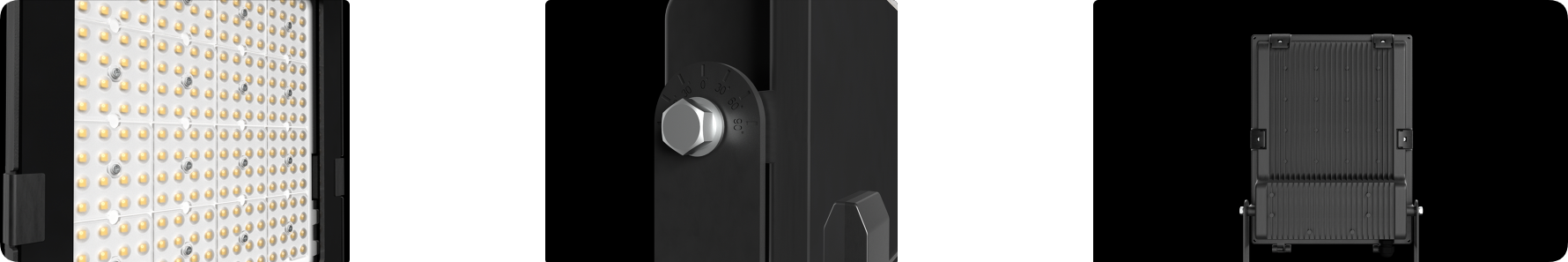 Mechanical degree dial locking bracket, tempered glass clips, and rear heat sink details