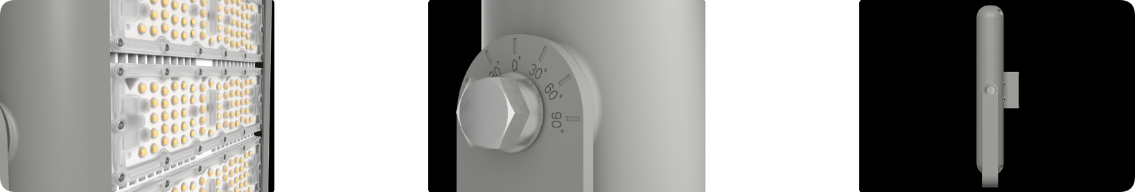 Mechanical degree dial trunnion bracket and slim curved housing details on floodlight