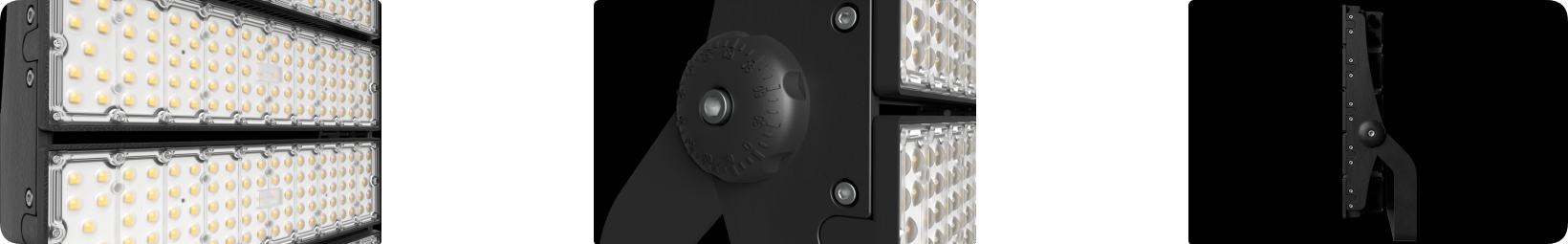Precision angle gear locking dial and mounting bracket details on modular stadium light