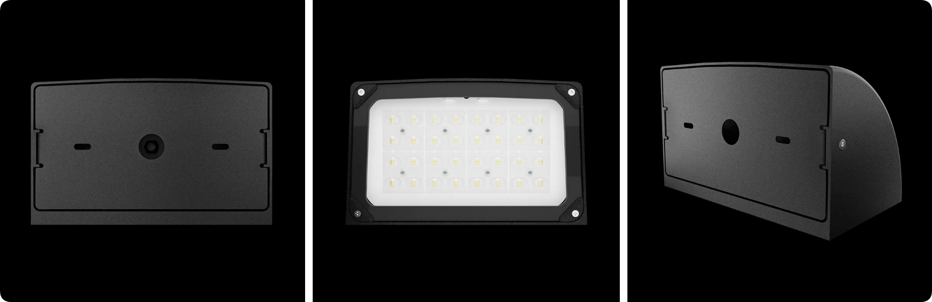 Architectural LED wall pack showing rear mounting plate, downward optical lens and curved hood