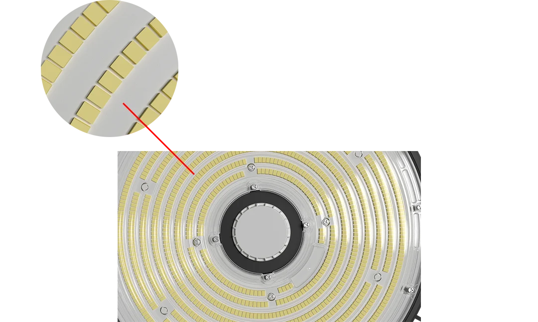 Center induction sensor socket and concentric ring SMD LED matrix delivering 140 lm per watt