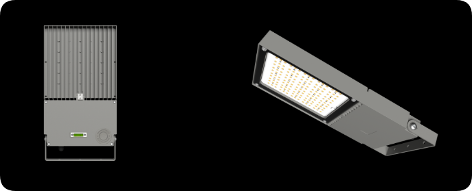 Rear convective finned heat sink and isolated driver enclosure on industrial LED floodlight