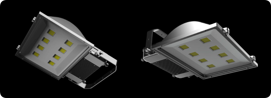 Aerodynamic curved dome die-cast aluminum COB LED floodlight showing front panel and side profile