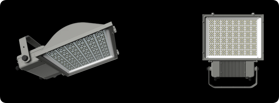 Aerodynamic curved dome die-cast aluminum LED floodlight showing front optical panel and side angle