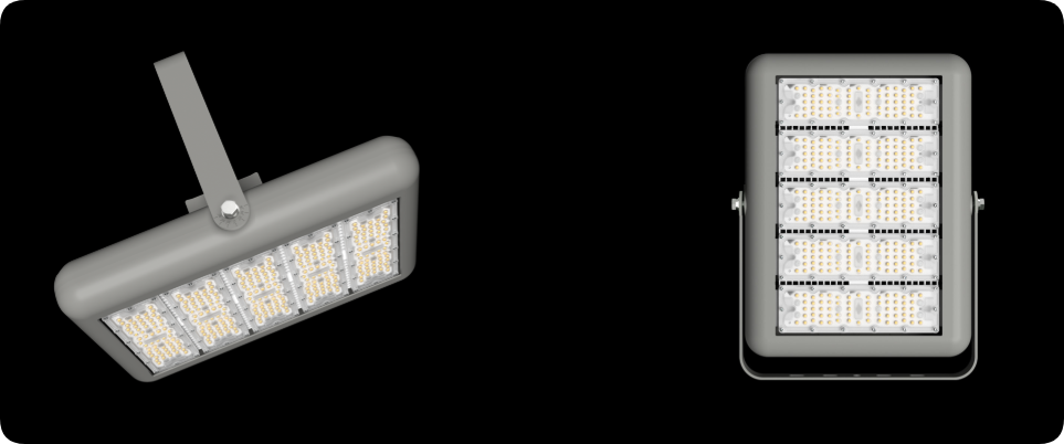 Curved-edge die-cast aluminum LED floodlight showing front optical panel and side angle