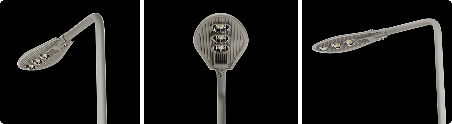 Die cast aluminum COB roadway lighting fixture showing aerodynamic contours and mounting spigot