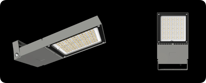 Die-cast aluminum multi-purpose LED floodlight showing front optical panel and side angle