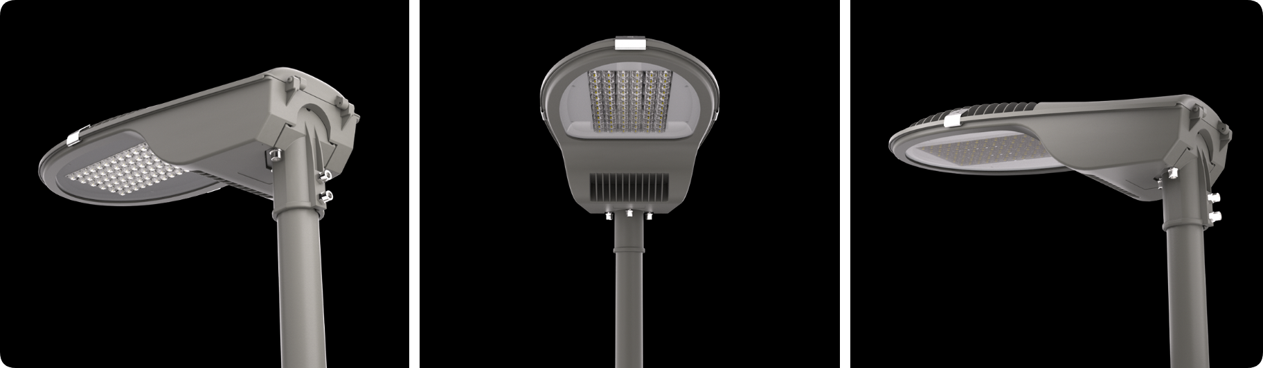 Die cast aluminum roadway lighting fixture showing aerodynamic contours and spigot clamp