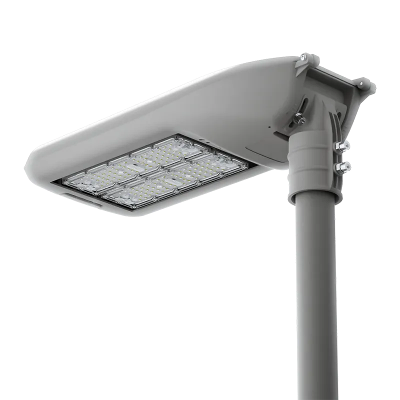 Dimmable modular LED street light fixture with reinforced mounting spigot and photocell