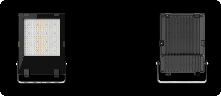Ultra-slim LED floodlight front optical panel and rear finned convective heat sink view