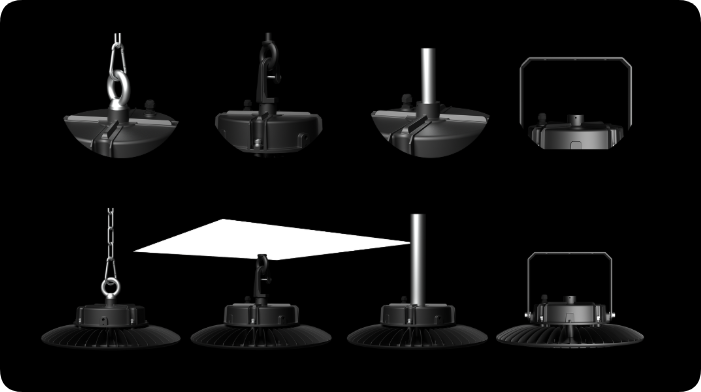Four industrial mounting methods: loop ring, hook, pendant pipe, and surface yoke bracket