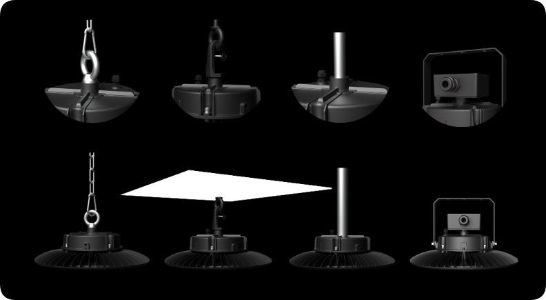 Four industrial mounting methods: loop ring, hook, pendant pipe, and junction box yoke bracket
