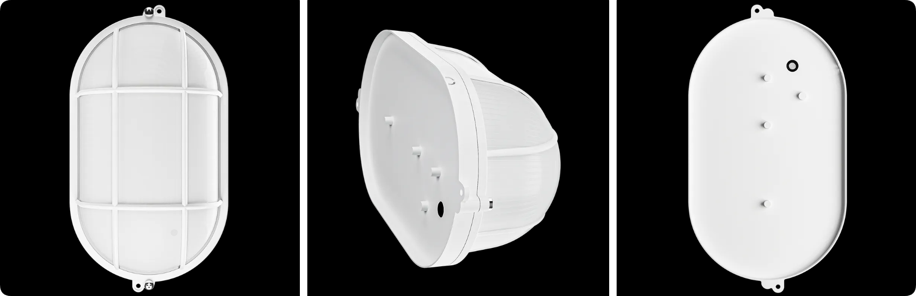 Classic white oval bulkhead luminaire showing cage frame, diffuser and rear mounting base