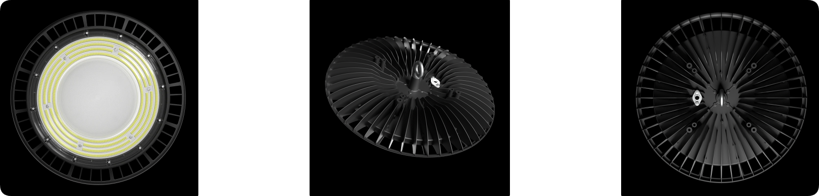 Ultra-slim DOB UFO high bay optical panel, radial convective heat sink and low profile backplate