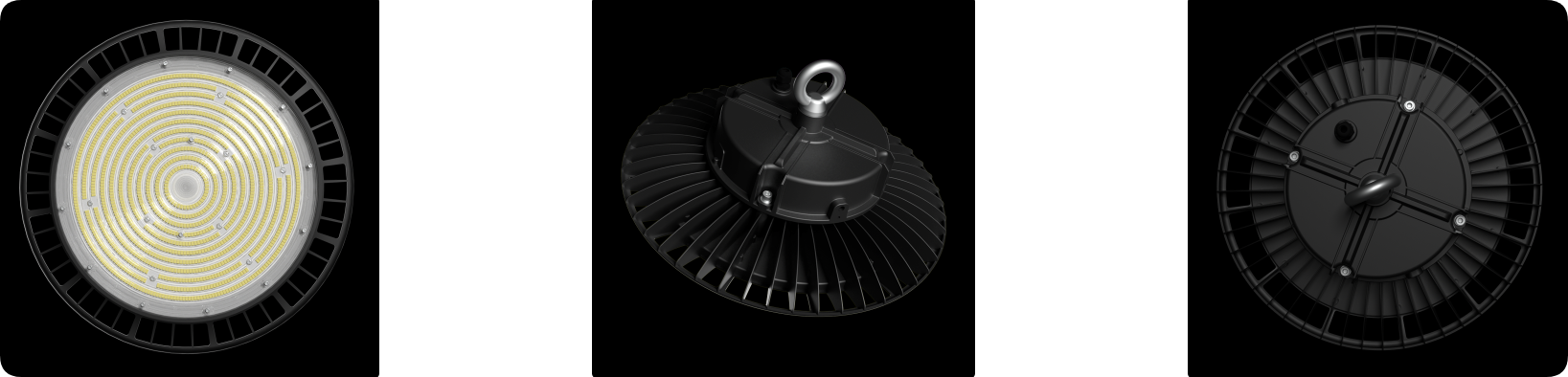 Round UFO LED high bay optical panel, radial convective heat sink and rear driver box