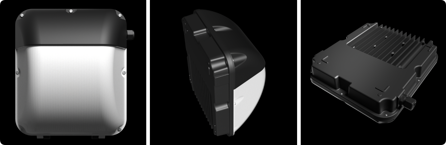 Commercial LED wall pack showing frosted diffuser dome, curved visor hood and rear convective heatsink