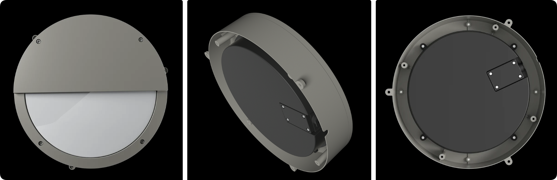 Round eyelid bulkhead fixture showing half-visor, frosted diffuser and rear terminal box