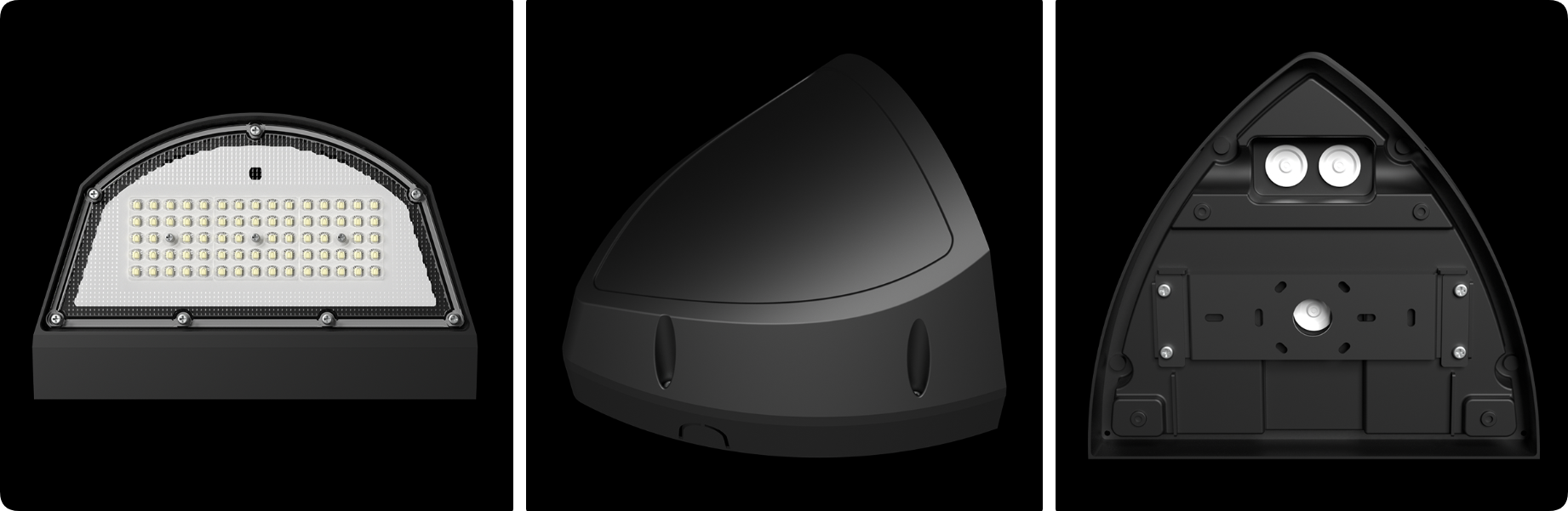 Architectural LED wall light showing sloped prismatic lens, curved hood and rear mounting plate