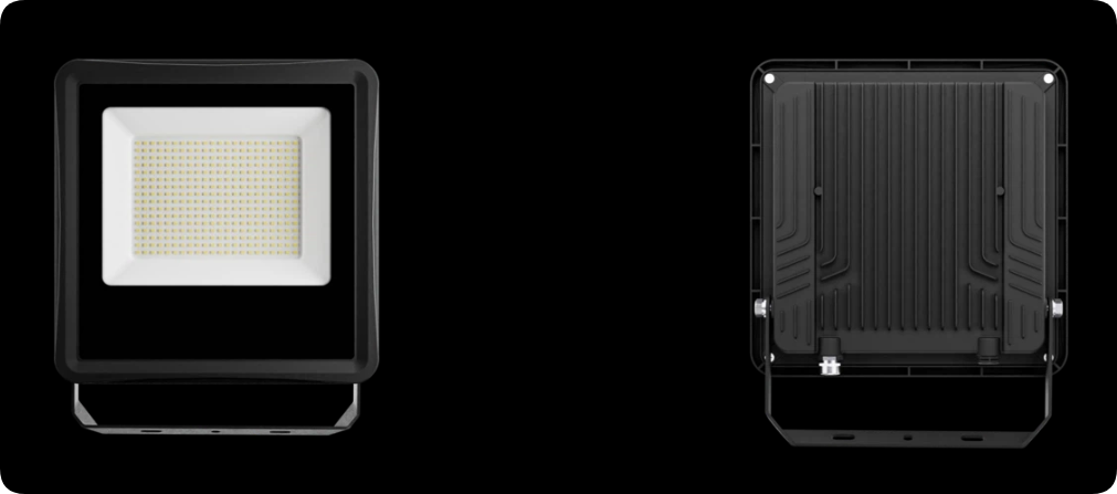 Economic DOB LED floodlight front optical panel and rear convective finned heat sink view