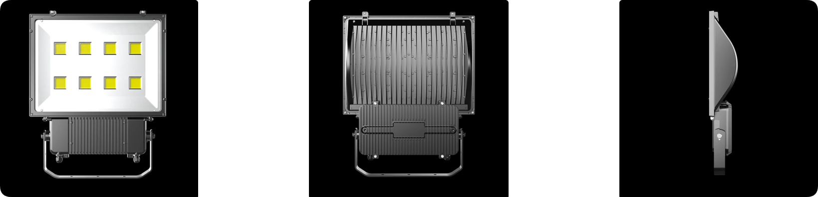 High power COB LED stadium light front optical faceplate, rear convective heat sink and side view