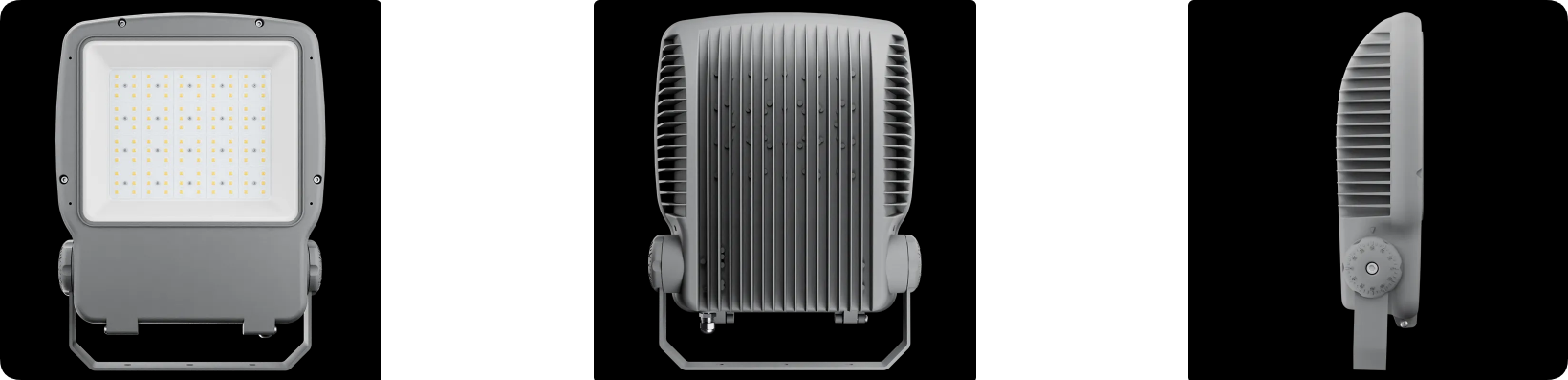 Heavy-duty LED floodlight front optical faceplate, rear curved finned heat sink and side view
