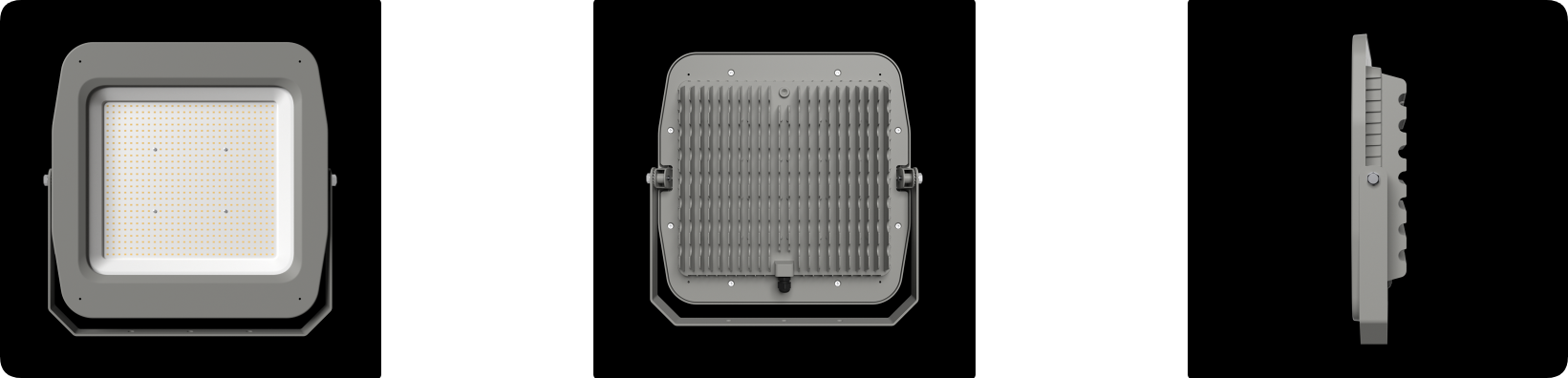 Deep-recessed LED floodlight front optical faceplate, rear convective heat sink and side profile
