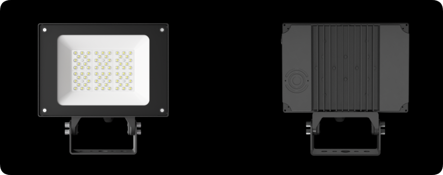 Architectural LED floodlight front optical faceplate, rear convective heat sink and side profile