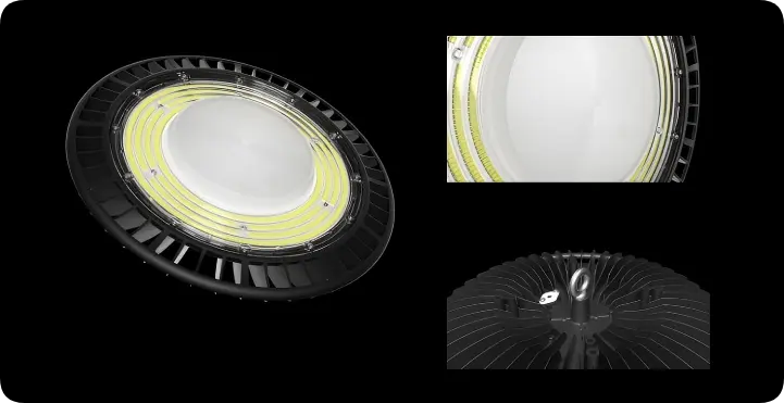 Frosted center optical diffuser, concentric LED rings and compact radial heatsink details