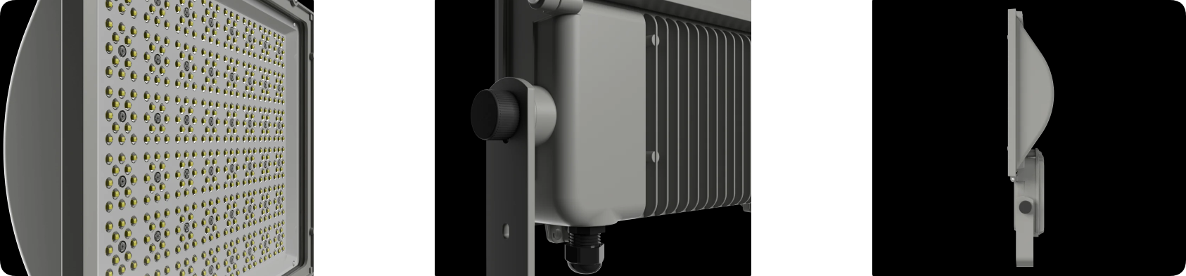 Isolated driver compartment, 3030 optical lens matrix, and side profile details on floodlight
