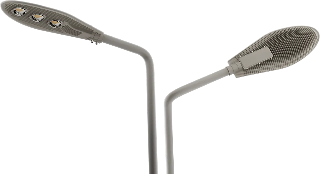 Leaf shape die cast aluminum street light fixture showing front lens and rear heat sink