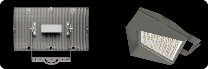Convective longitudinal finned heat sink and rear wiring box on rectangular LED arena floodlight