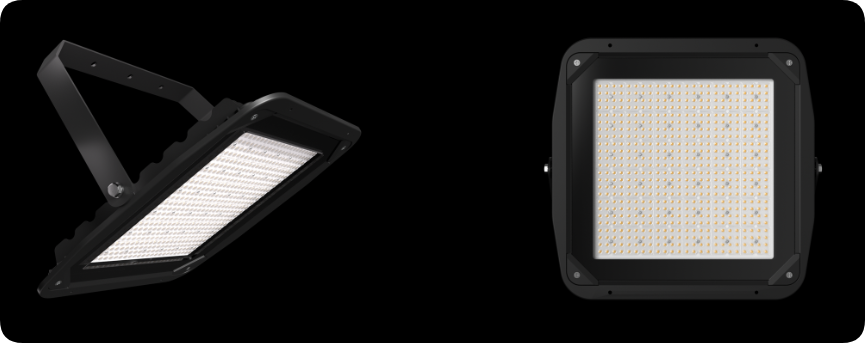 Modern square die-cast aluminum LED floodlight showing front optical panel and side profile