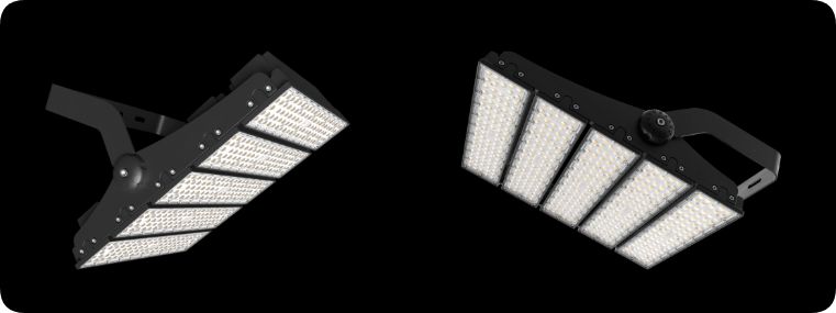 Heavy duty modular die cast LED stadium floodlight showing front lens and mounting bracket