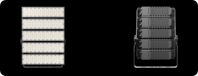Modular stadium floodlight front optical array and rear independent finned heat sink layout
