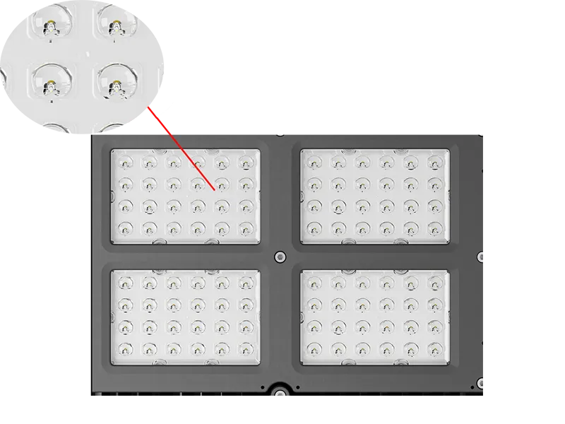 High light transmittance quad-matrix optical lens array for tennis court sports lighting