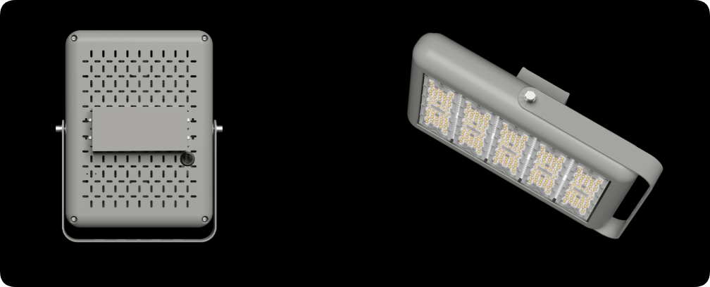 Rear perforated convective heat sink and isolated driver enclosure on tunnel flood light