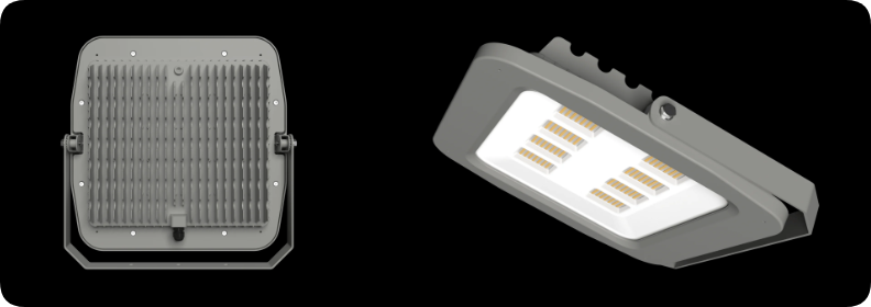 Convective finned heat sink rear layout and side profile on segmented LED flood light