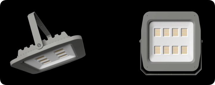 Segmented multi-cell LED floodlight front optical faceplate and side-angle mounting view